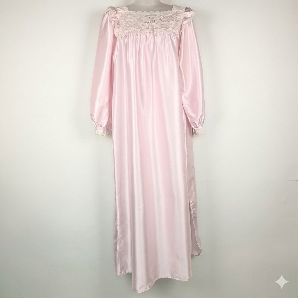 Vintage Sara Beth Nightgown S Baby Pink Maxi Victorian Satin Lace Floral Slit